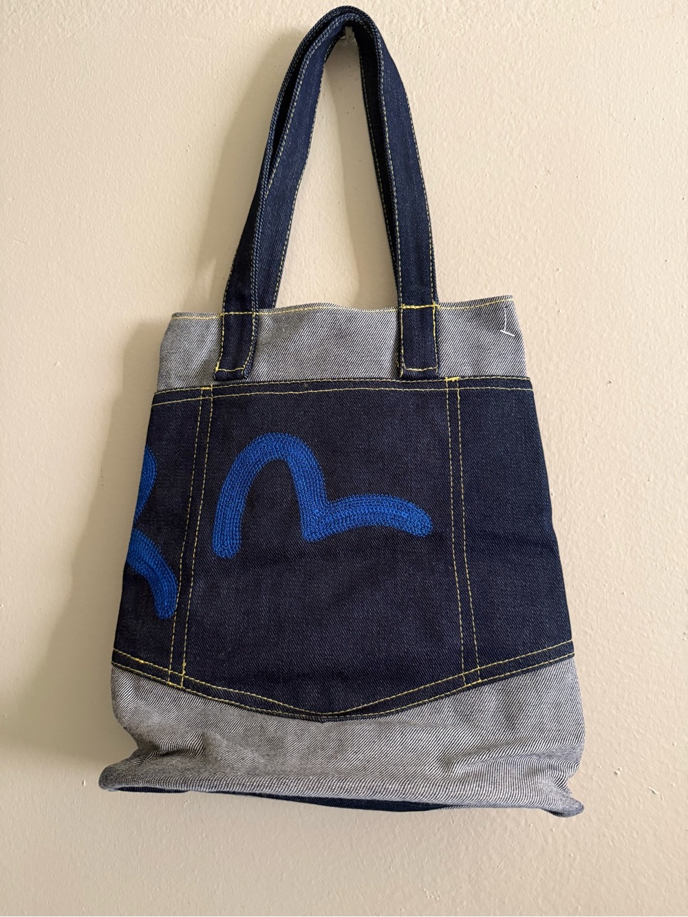 Evisu Blue Denim Tote Bag with Graphic Accent